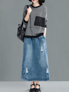 Ankle Length A-line Worn Denim Plain Skirt (Style V101955)