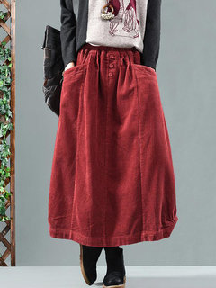 Mid-Calf Lantern Elegant Button Corduroy Skirt (Style V101960)