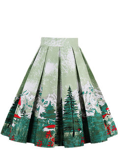 Knee Length Pleated Pattern Cotton Floral Skirt (Style V101989)