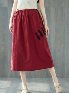 Mid-Calf Straight Patchwork Linen Plain Skirt (Style V101997)