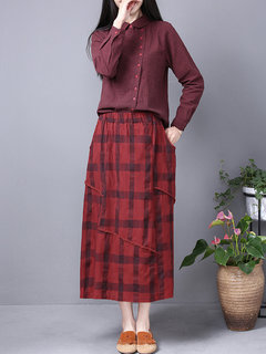 Mid-Calf Straight Elegant Cotton Blends Plaid Skirt (Style V102007)
