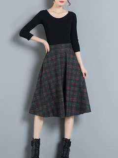 Mid-Calf A-line Pattern Wool Blends Plaid Skirt (Style V102021)
