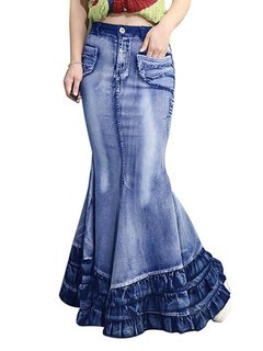 Maxi Mermaid Vintage Cascading Ruffle Denim Skirt (Style V102030)