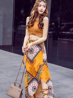 Maxi Asymmetrical Pattern Polyester Floral Skirt (Style V102036)