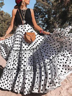 Maxi Casual Patchwork Chiffon Polka Dot Skirt (Style V102037)