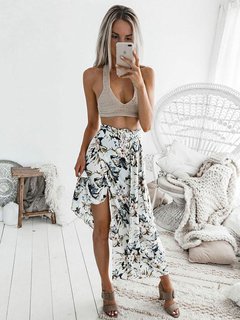 Ankle Length Casual Pattern Chiffon Floral Skirt (Style V102038)