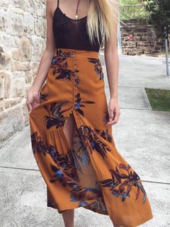 Ankle Length Straight Ruffle Cotton Blends Floral Skirt (Style V102044)