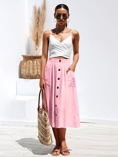 Mid-Calf Straight Button Polyester Plain Skirt (Style V102048)