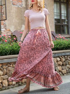 Maxi A-line Pattern Cotton Blends Floral Skirt (Style V102058)