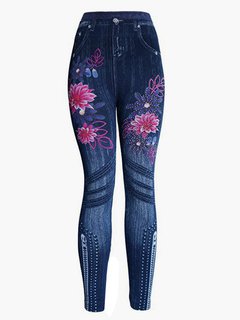 Ankle Length Skinny Casual Polyester Floral Leggings (Style V102086)