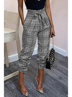 Mid-Calf Slim Office Belt Plaid Pants (Style V102116)
