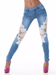 Ankle Length Skinny Hollow Out Denim Plain Leggings (Style V102153)