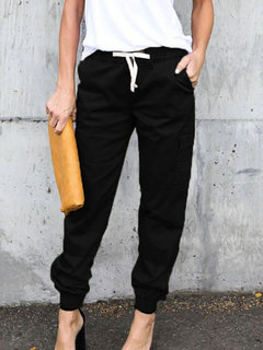 Ankle Length Elegant Pockets Cotton Blends Plain Pants (Style V102200)