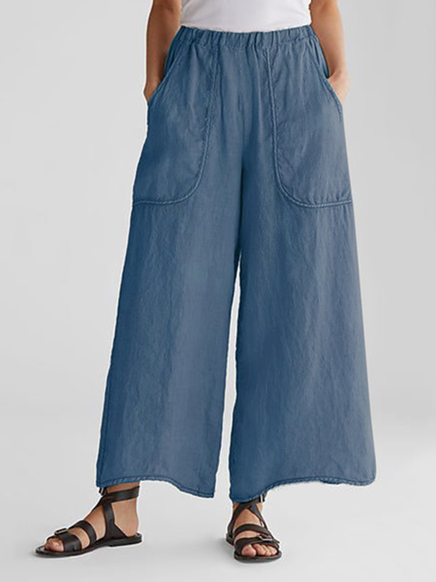 Blue Ankle Length Loose Date Night Pockets Plain Pants (Style V102212 ...
