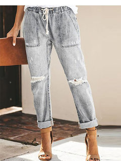 Ankle Length Loose Worn Denim Plain Jeans (Style V102214)