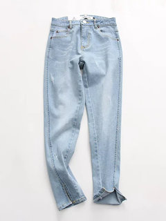 Ankle Length Elegant Button Denim Plain Jeans (Style V102216)
