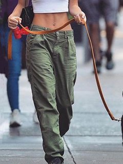 Ankle Length Loose Fashion Button Plain Pants (Style V102228)