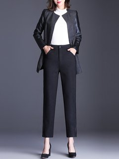 Ankle Length Slim Office Button Plain Pants (Style V102241)