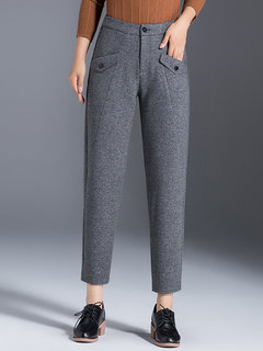 Slim Office Button Polyester Plain Pants (Style V102243)
