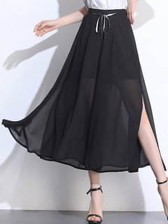 Mid-Calf Loose Elegant Polyester Plain Pants (Style V102260)