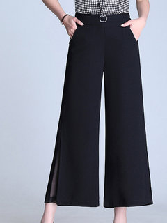 Loose Elegant Belt Polyester Plain Pants (Style V102261)