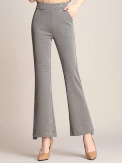 Slim Office Pockets Polyester Plain Pants (Style V102274)