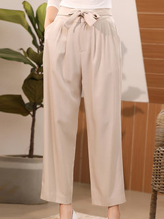 Ankle Length Loose Elegant Belt Polyester Pants (Style V102275)