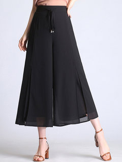 Ankle Length Loose Slow Life Belt Polyester Pants (Style V102282)