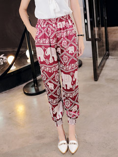 Ankle Length Loose Pockets Satin Animal Pants (Style V102332)