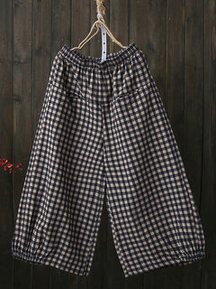 Knee Length Loose Elegant Cotton Blends Plaid Shorts (Style V102381)
