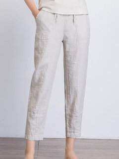 Ankle Length Slim Elegant Linen Plain Pants (Style V102386)