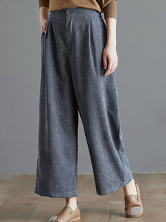 Ankle Length Loose Slow Life Button Corduroy Pants (Style V102393)
