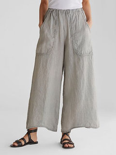 Ankle Length Slow Life Pockets Linen Plain Pants (Style V102394)