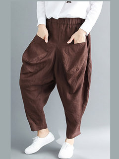 Ankle Length Fashion Pockets Linen Plain Pants (Style V102396)