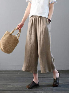 Ankle Length Loose Slow Life Pockets Polyester Pants (Style V102417)