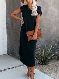 Casual T Shirt V-neck Solid Color Cotton Blends Casual Dresses (Style V102473)