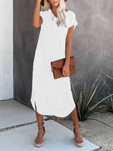 White Casual T Shirt V-neck Solid Color Cotton Blends Casual Dresses ...
