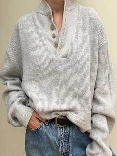 Stand Collar Loose Fashion Plain Button Sweater (Style V102497)