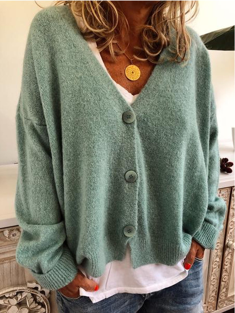 Green Loose Date Night Plain Knitted Button Sweater (Style V102501 ...