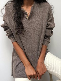 V-neck Midi Loose Plain Cotton Blends Sweater (Style V102515)