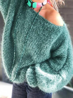 Off The Shoulder Loose Fashion Plain Knitted Sweater (Style V102528)