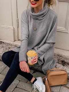 Turtleneck Midi Loose Plain Dacron Sweater (Style V102534)
