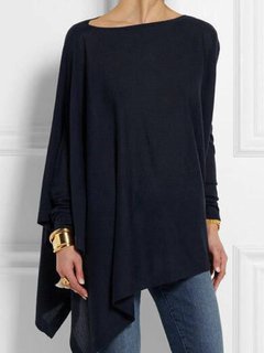 Round Neck Midi Plain Polyester Asymmetrical Sweatshirts (Style V102538)