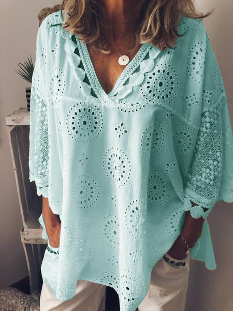 Sky Blue V-neck Midi Loose Plain Polyester Blouse (Style V102540 ...