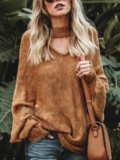 V-neck Standard Loose Date Night Acrylic Sweater (Style V102558)