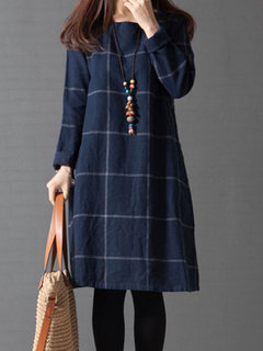 Mori Girl A-line Round Neck Plaid Print Knee Length Dresses (Style V200005)