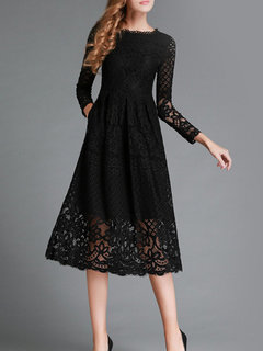 A-line Round Neck Plain Patchwork Lace Midi Dresses (Style V200036)