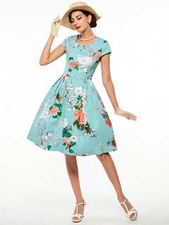 Expansion Square Neck Floral Print Cotton Knee Length Dresses (Style V200043)