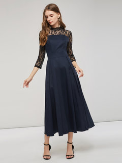 A-line Stand Collar Plain Patchwork Cotton Blends Midi Dresses (Style V200050)