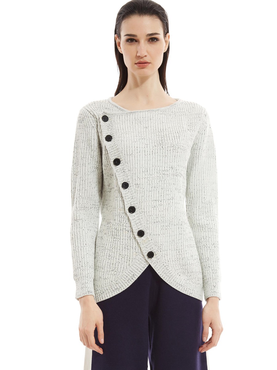 White V-neck Standard Slim Plain Button Sweater (Style V200053) - VEDACHIC